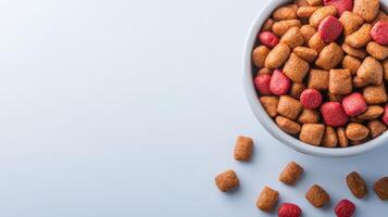 A bowl of dog food with red and white treats photo