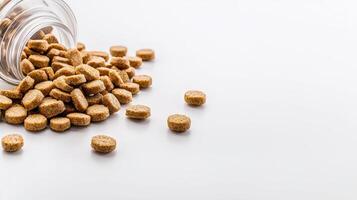 A glass jar filled with pills on a white background photo