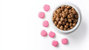 A bowl of dog food with pink hearts scattered around it photo
