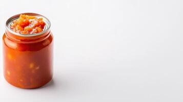 A jar of tomato sauce on a white surface photo