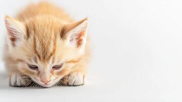 An orange kitten is looking down at the ground photo