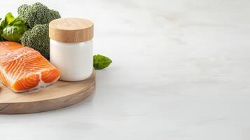 Salmon, broccoli and milk on a wooden cutting board photo