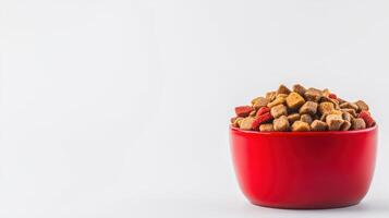 A red bowl filled with dog food photo