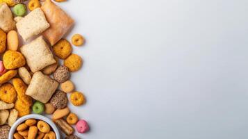 A bowl of assorted snacks on a white background photo