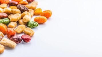 A pile of colorful candy on a white background photo