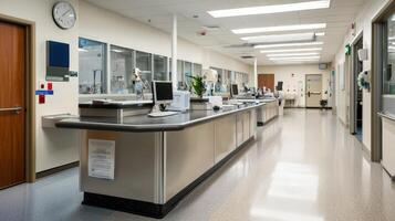A long hallway with a desk and a computer photo