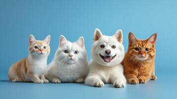 Four cats and a dog sitting together on a blue background photo