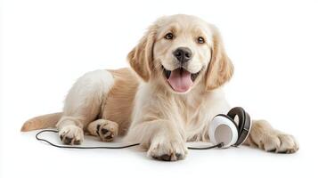 A golden retriever dog with headphones on a white background photo