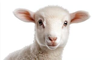 A lamb is looking at the camera on a white background photo