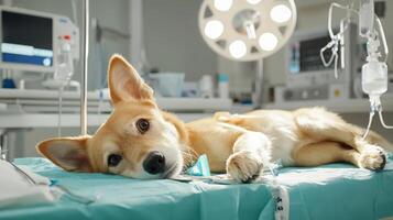 A dog laying on a hospital bed photo