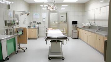 A hospital room with a bed and a table photo