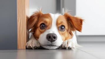 A dog is looking at the camera from behind a door photo