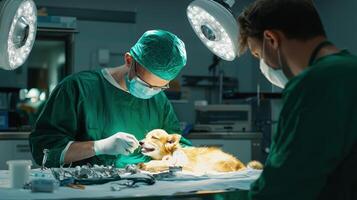Two veterinarians are performing surgery on a dog photo