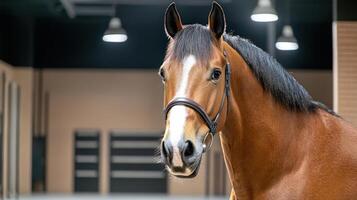 A horse is standing in a large indoor arena photo