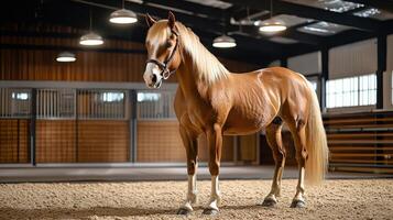 A horse standing in a stable with a few lights photo