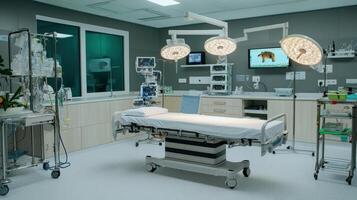 A hospital room with a bed, a television, and a table photo