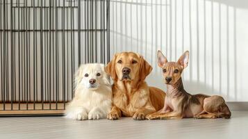 Three dogs sitting in front of a cage photo