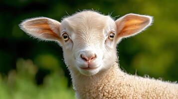 A close up of a lamb with its head turned to the camera photo