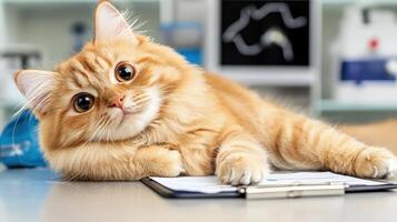 A cat laying on a clipboard with a pen in its mouth photo