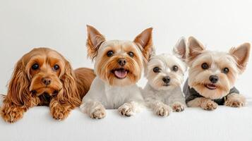 Four dogs sitting on a white couch photo