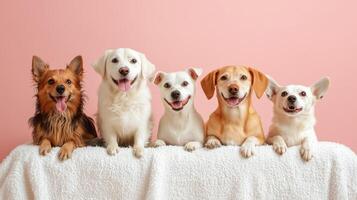 Five dogs sitting on a white towel photo