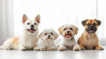 Four dogs sitting on a white floor photo