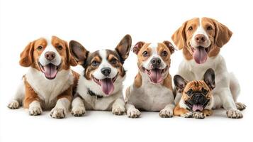 A group of dogs sitting together on a white background photo