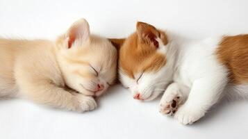 Two kittens sleeping together on a white background photo
