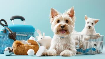 A small white dog sitting in a basket with a basket full of toys photo