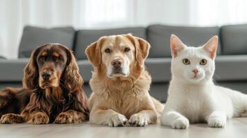 Three dogs and a cat sitting on the floor photo