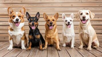 Five dogs sitting on a wooden floor photo