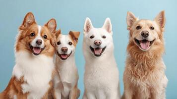Four dogs are standing in front of a blue background photo