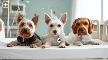 Three dogs sitting on a hospital bed photo