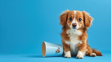 A cute dog sitting next to a blue box photo