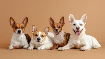 Four dogs sitting on a brown background photo