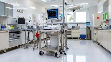 A hospital room with a medical equipment on a cart photo