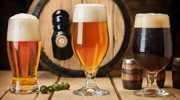 Three different types of beer are shown on a wooden table photo