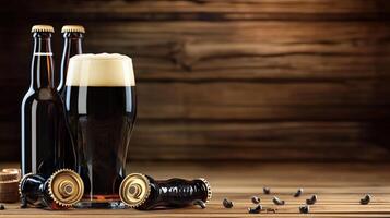 Beer bottles and a glass of dark beer on a wooden table photo