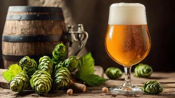 A glass of beer and some hops on a wooden table photo