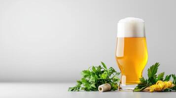 Beer glass with herbs and spices on white background photo
