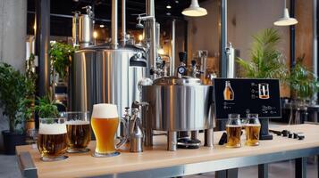 Beer brewing equipment on a table with glasses photo