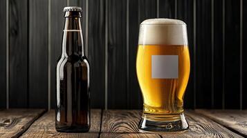 A beer glass and a bottle of beer on a wooden table photo