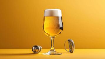 A glass of beer with a cap and a ring on a yellow background photo