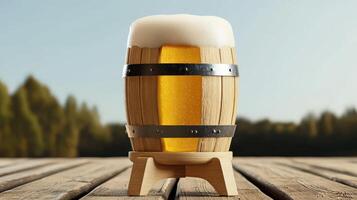 A wooden table with a beer glass on it photo