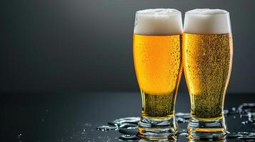 Two glasses of beer with water droplets on a black background photo