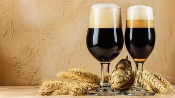 Two glasses of dark beer with wheat on a wooden table photo