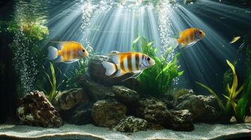 Fish in aquarium with sunlight and plants photo