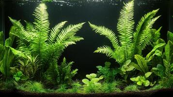 Aquarium with ferns and plants on black background photo