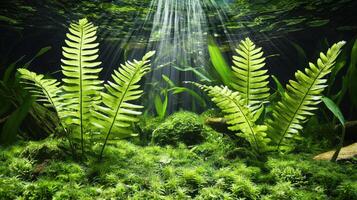 Ferns in the water with sunlight shining through photo