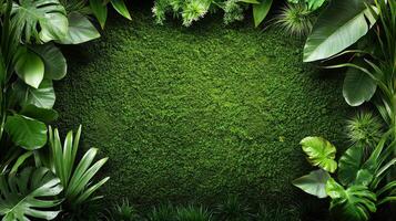 A green grassy area surrounded by tropical plants photo